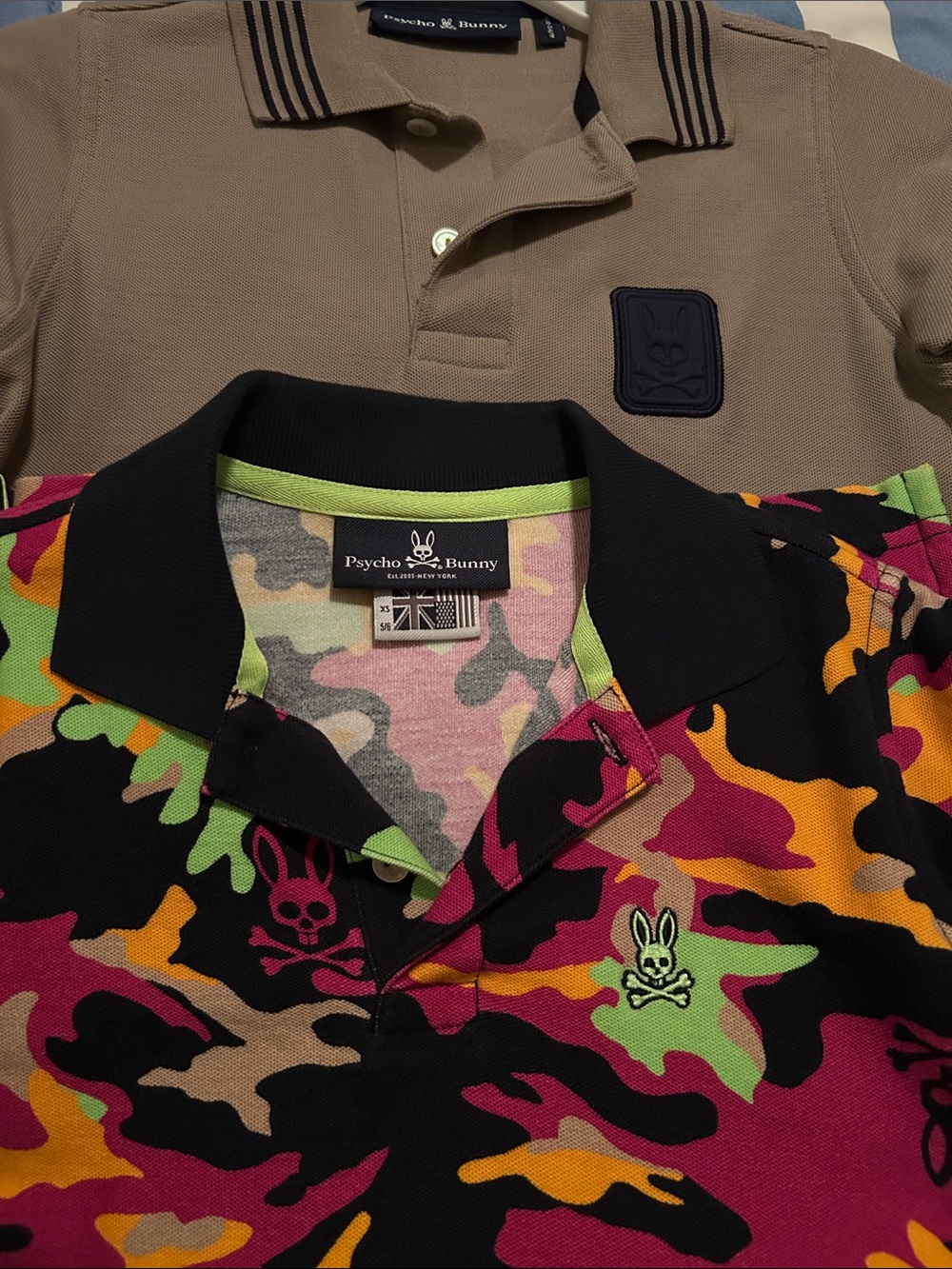 Psycho Bunny boys Black Collar Multicolor Camo Polo - Pink Orange Green Tan